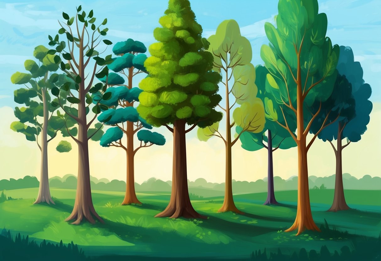 A group of diverse trees standing tall in a vibrant forest, each growing at its own pace, representing the individual journey of retirement progress