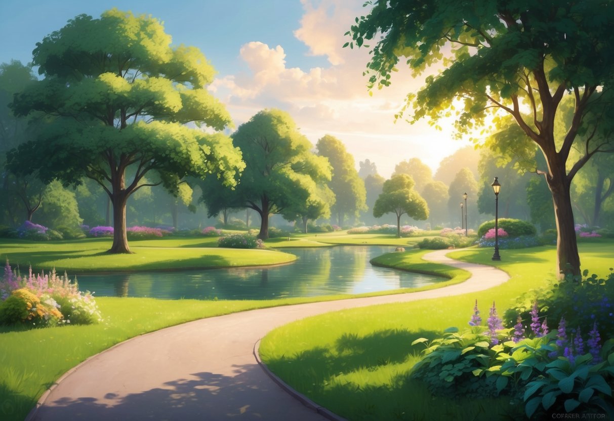 A serene, sunlit park with a winding path leading to a peaceful pond, surrounded by lush greenery and colorful flowers, evoking a sense of calm and tranquility
