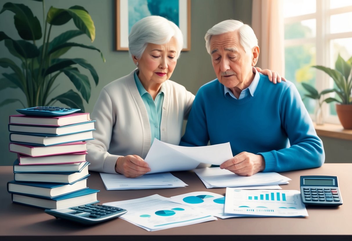 A serene elderly couple sitting at a table, reviewing financial documents with a concerned expression. A stack of retirement planning books and calculators on the table