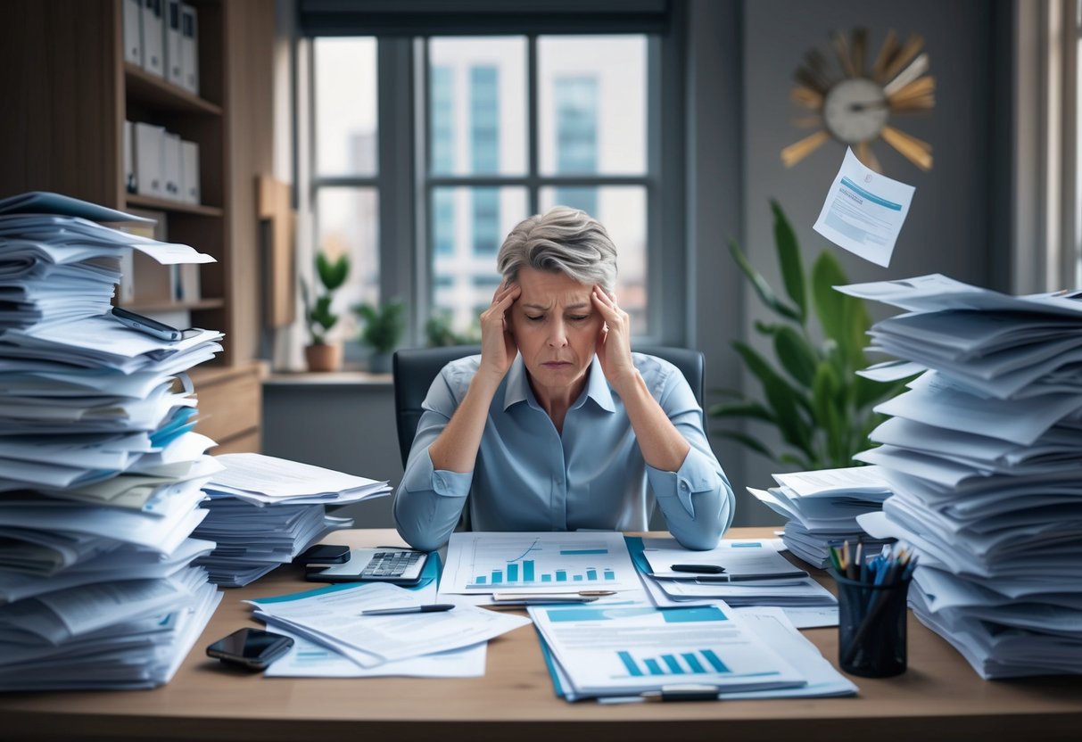 A person sitting at a desk surrounded by paperwork and financial documents, looking stressed and overwhelmed while trying to plan for retirement