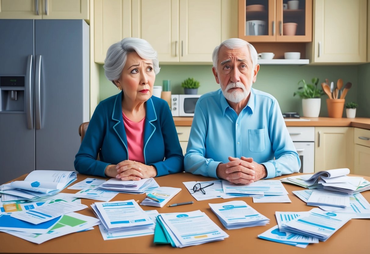 A senior couple sitting at a kitchen table, surrounded by bills and financial documents. The worried expressions on their faces convey the fear of running out of money in retirement