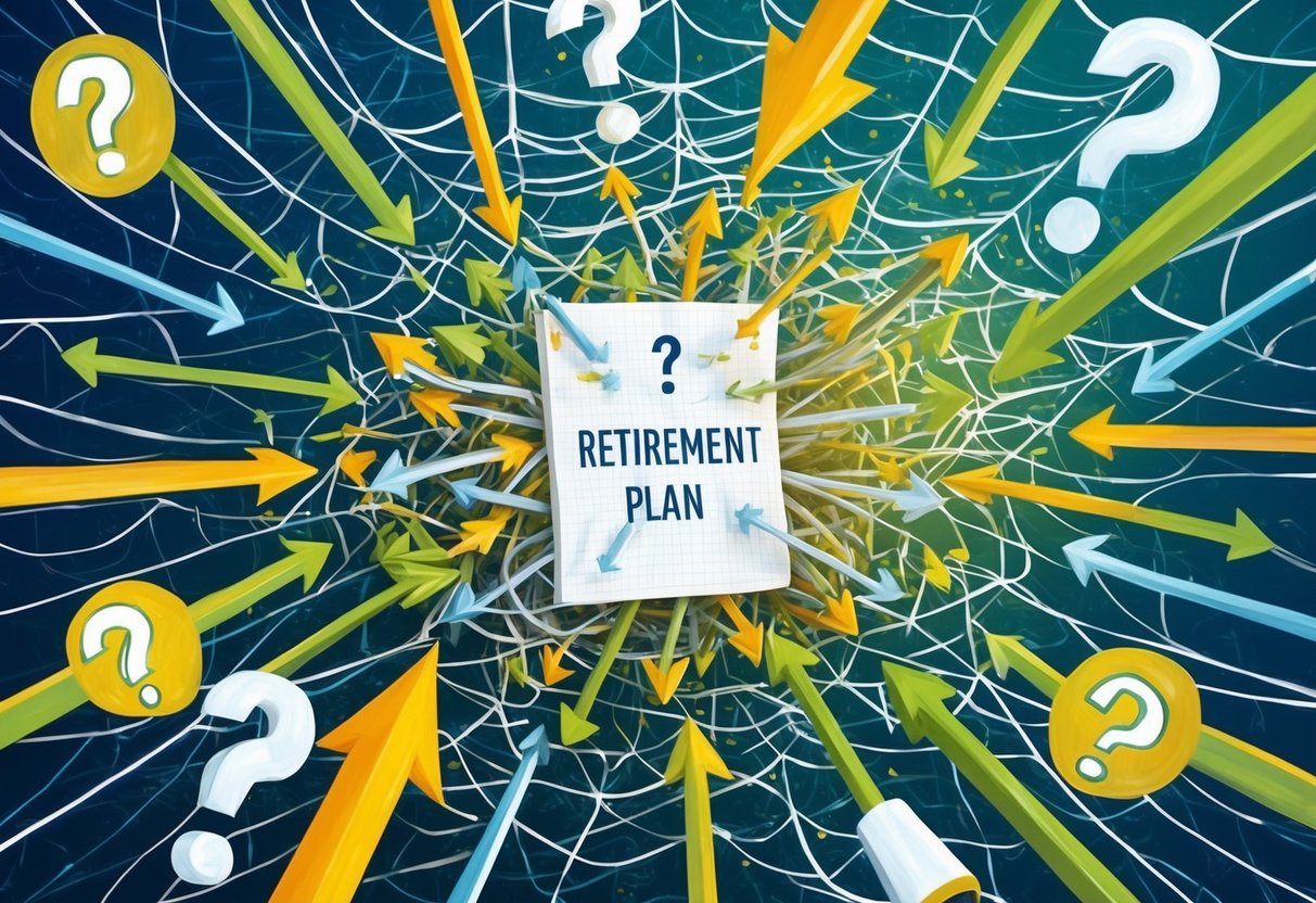A tangled web of thoughts and arrows pointing in different directions, with a central focus on a retirement plan surrounded by question marks
