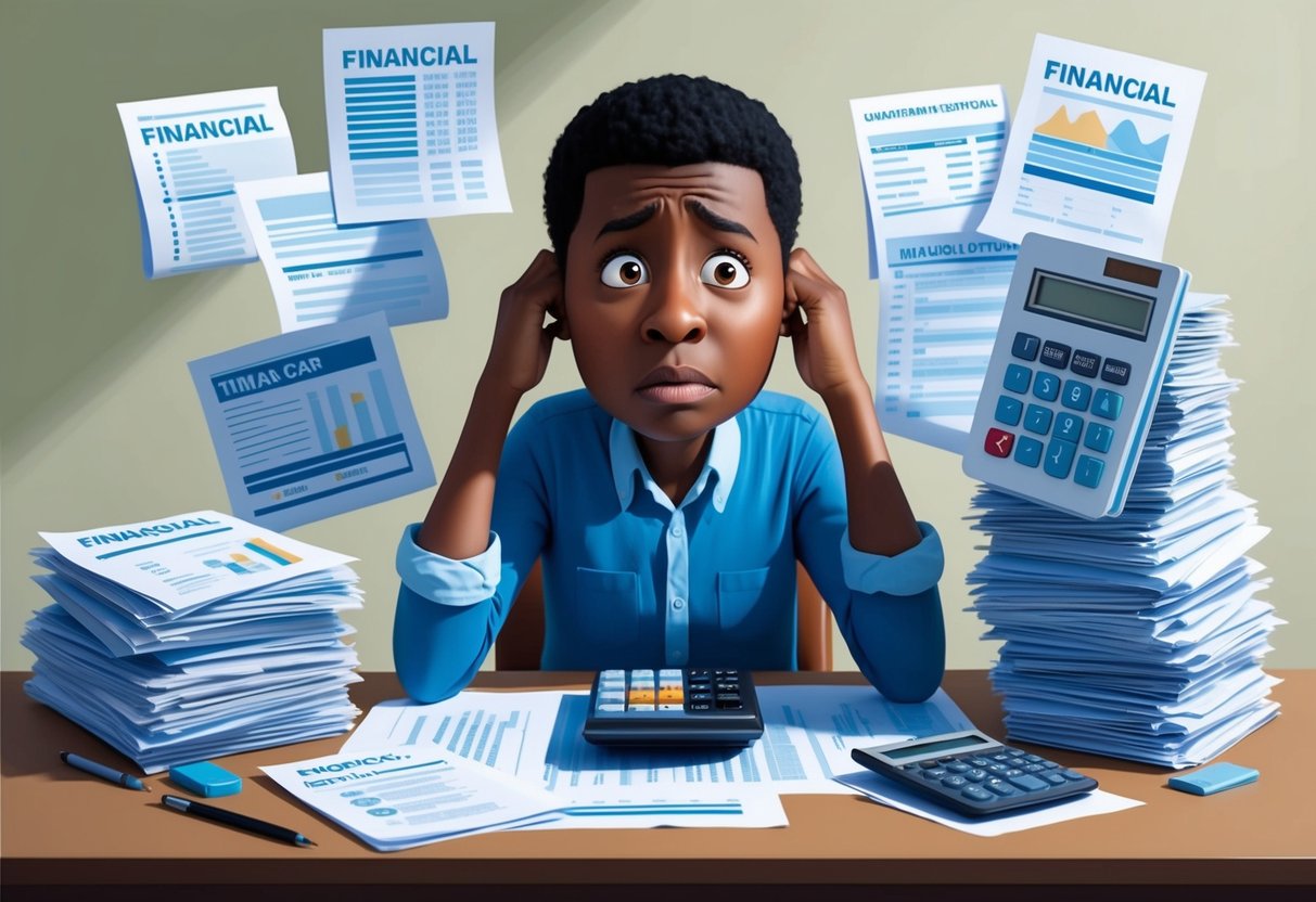 A worried individual sitting at a desk surrounded by financial documents and calculator, with a concerned expression on their face