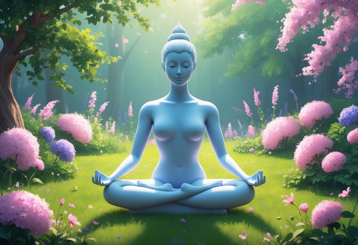 A serene figure sits cross-legged in a peaceful garden, surrounded by blooming flowers and tranquil nature, practicing mindfulness and meditation techniques