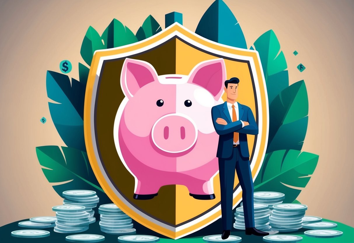 A piggy bank surrounded by a protective shield, with a confident figure standing next to it, representing security and overcoming the fear of running out of money in retirement