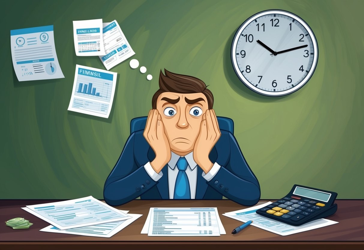 A table with financial documents, a calculator, and a worried expression. A clock on the wall shows the time
