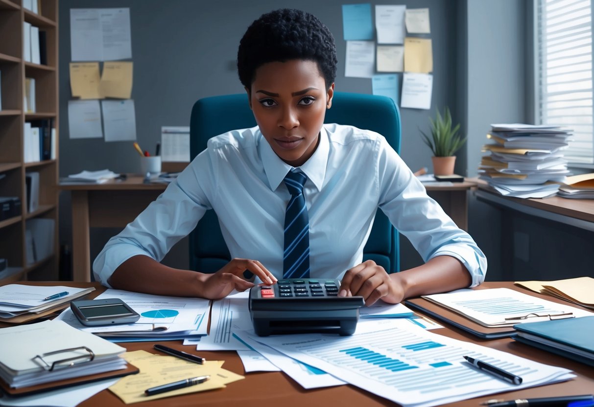 A person sitting at a desk with a calculator and financial documents, surrounded by a clutter of papers and pens. They have a look of concentration and determination on their face