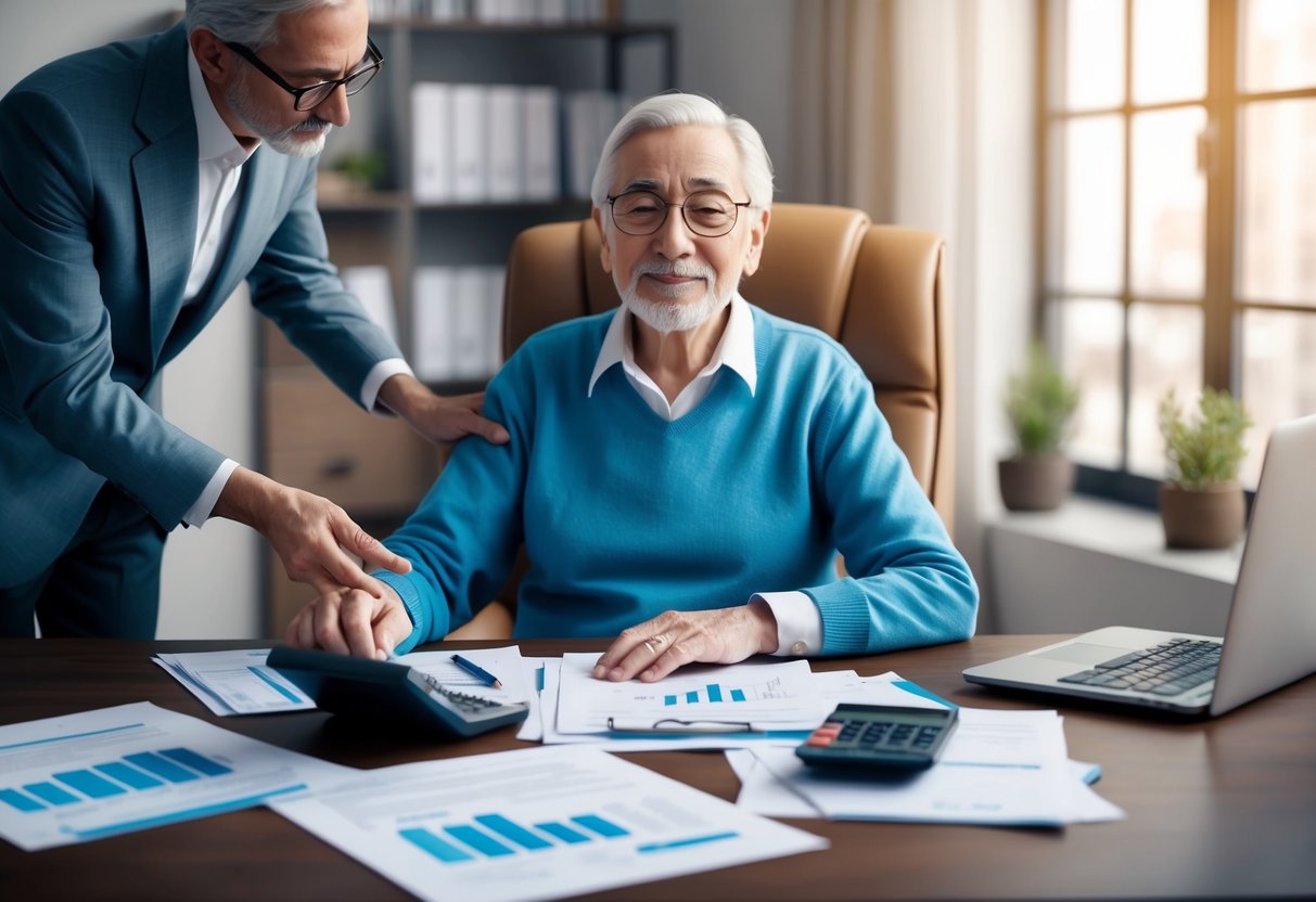 A serene elderly person sitting at a desk, surrounded by financial documents and a calculator, receiving guidance from a professional advisor