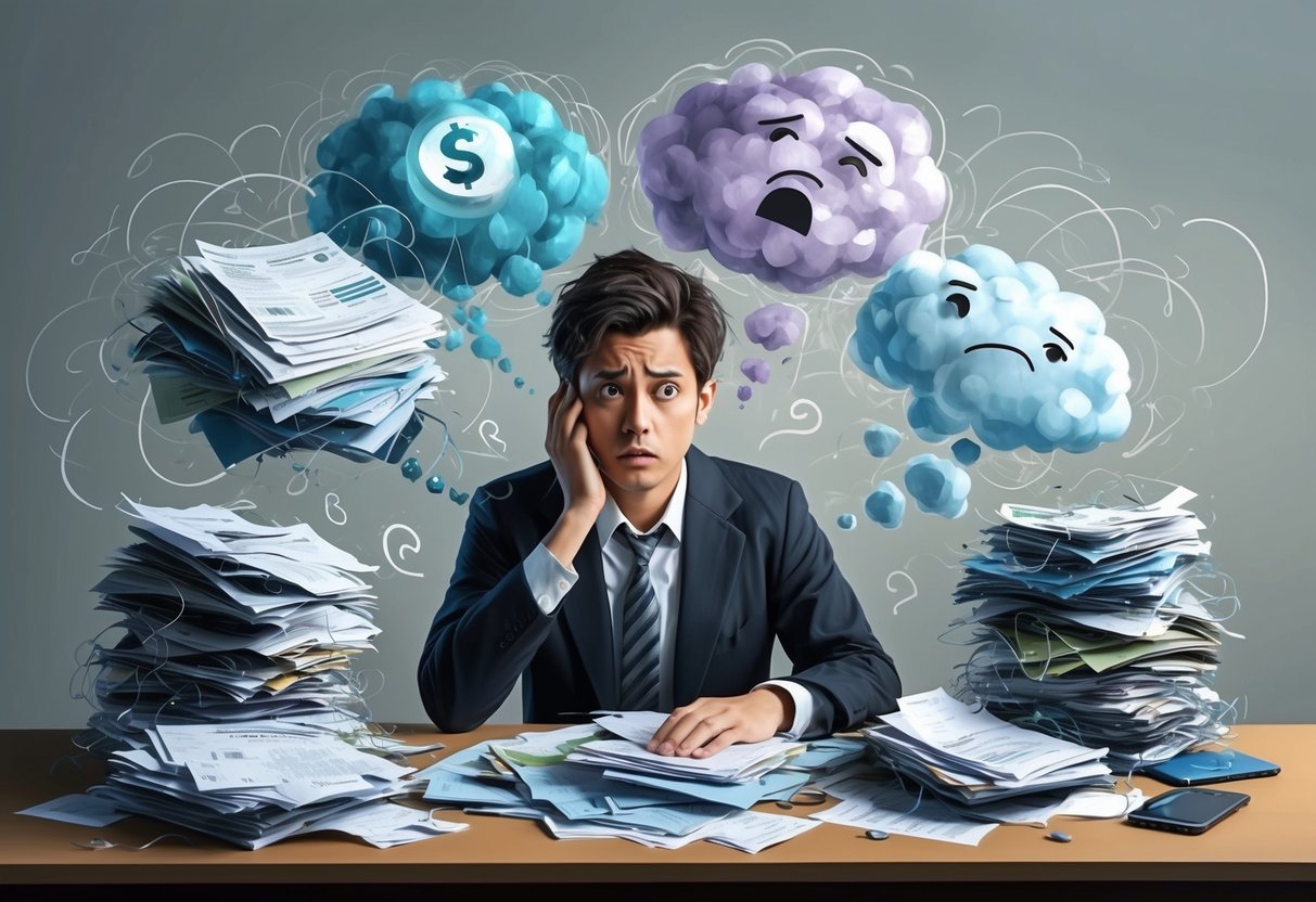 A person sitting at a desk with a tangled mess of financial documents and a worried expression, surrounded by swirling thought bubbles and conflicting emotions