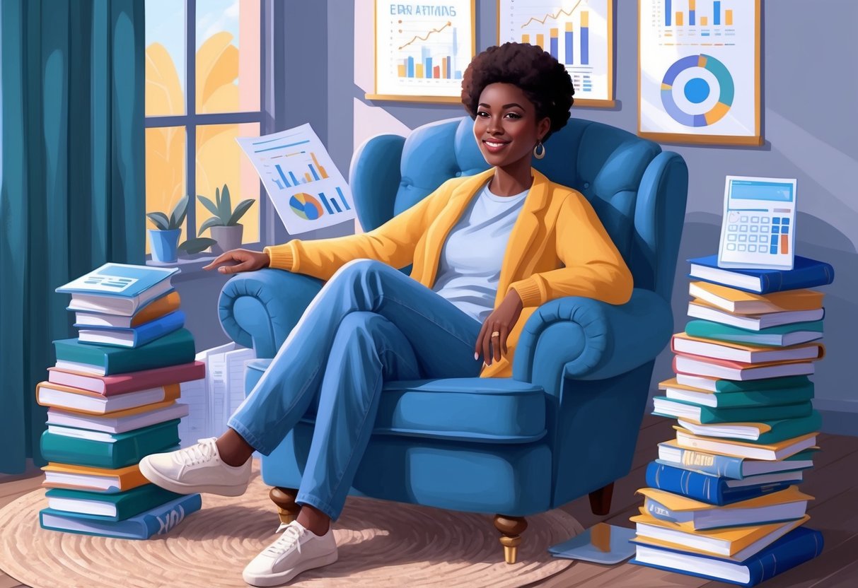 A person sitting comfortably in a cozy chair, surrounded by financial planning books and charts, with a relaxed and confident expression