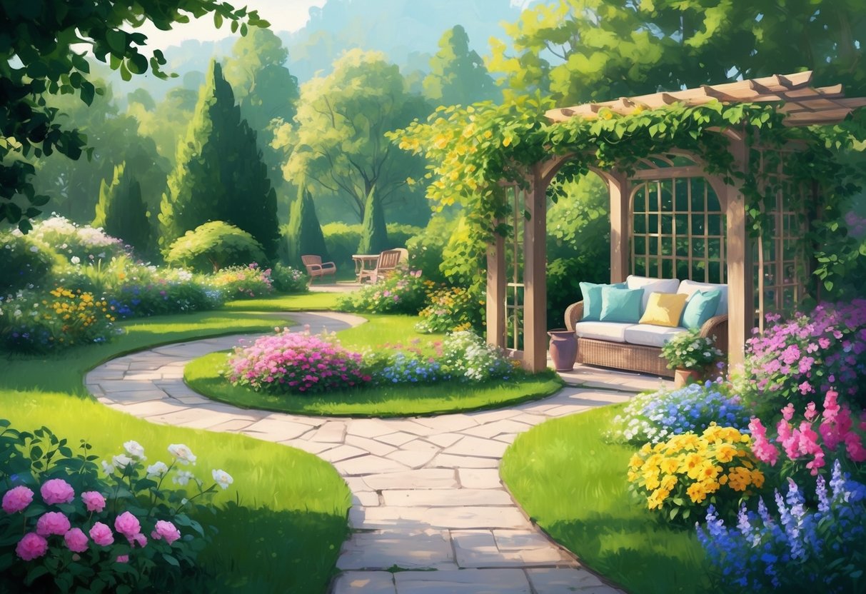 A serene garden with a winding path, colorful flowers, and a cozy outdoor seating area, surrounded by a lush green landscape