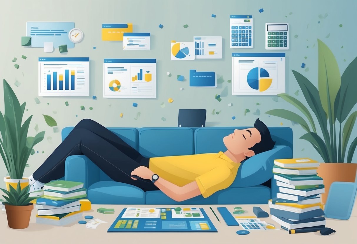 A person relaxing in a peaceful and clutter-free environment, surrounded by financial planning tools and resources