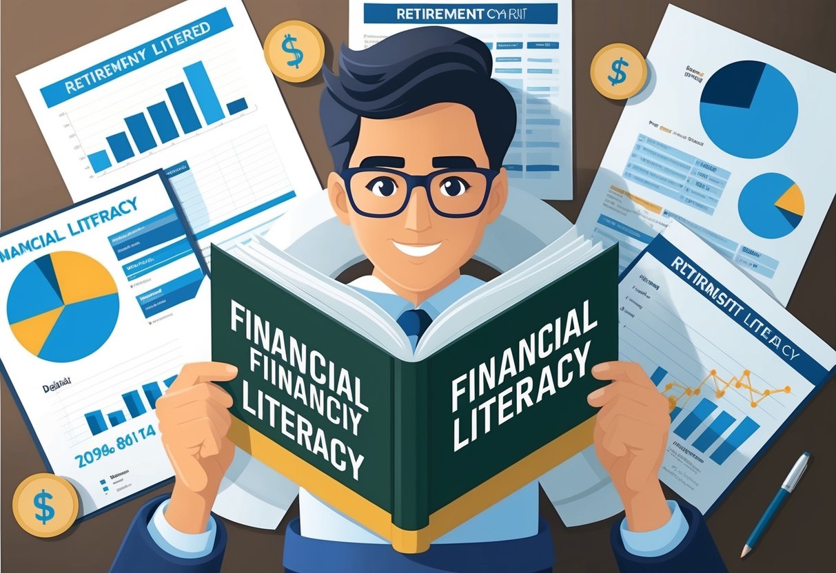 A person reading a book on financial literacy while surrounded by retirement-related documents and charts