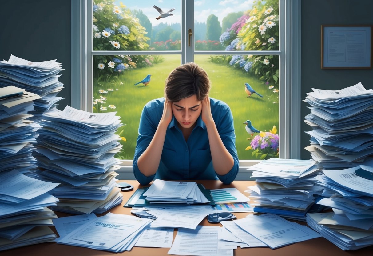 A person sitting at a desk surrounded by piles of papers and financial documents, looking stressed and overwhelmed. Outside the window, a peaceful garden with birds and flowers
