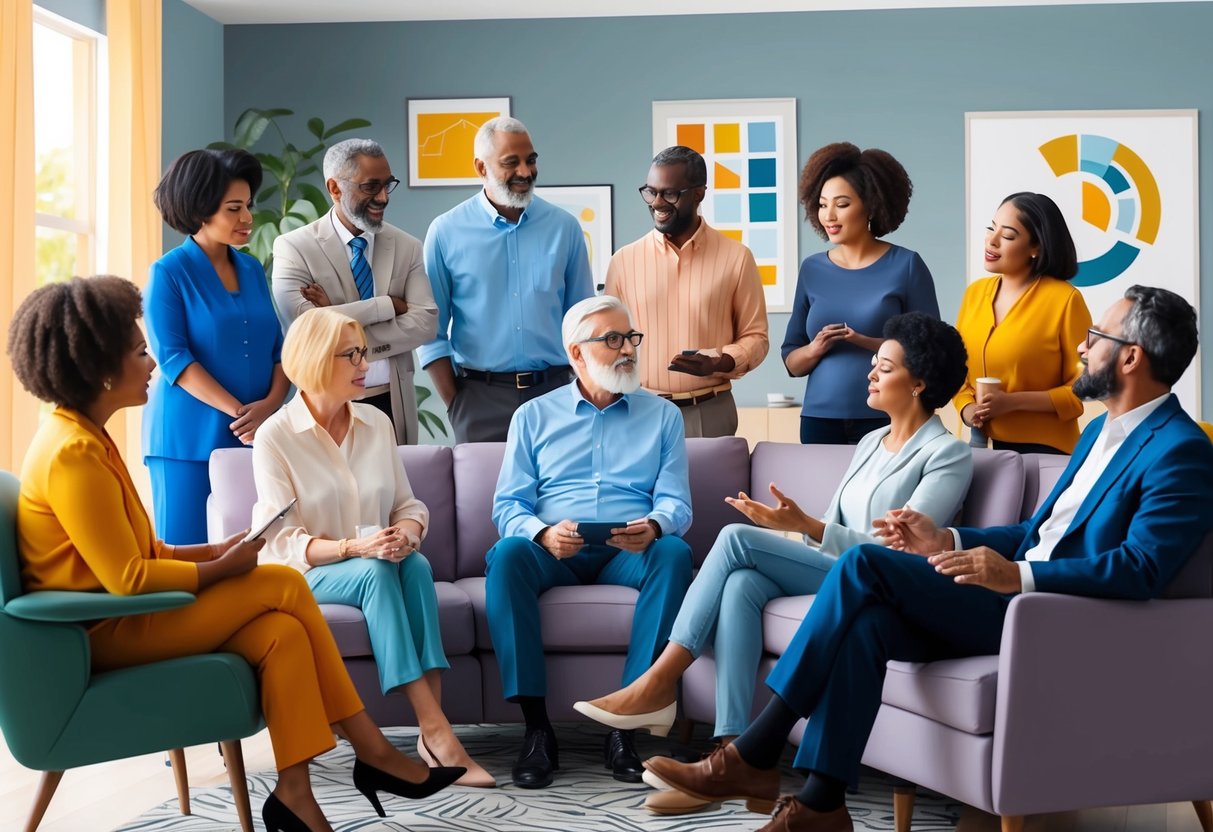 A diverse group of people of different ages and backgrounds discussing retirement plans and financial literacy in a comfortable and relaxed setting