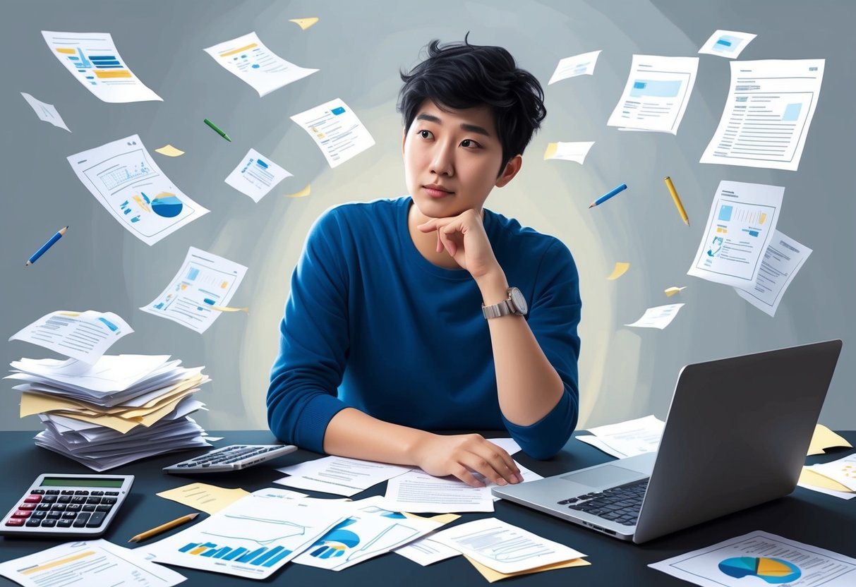 A person sitting at a desk surrounded by scattered papers, calculator, and a laptop, with a thoughtful expression and a hand on their chin