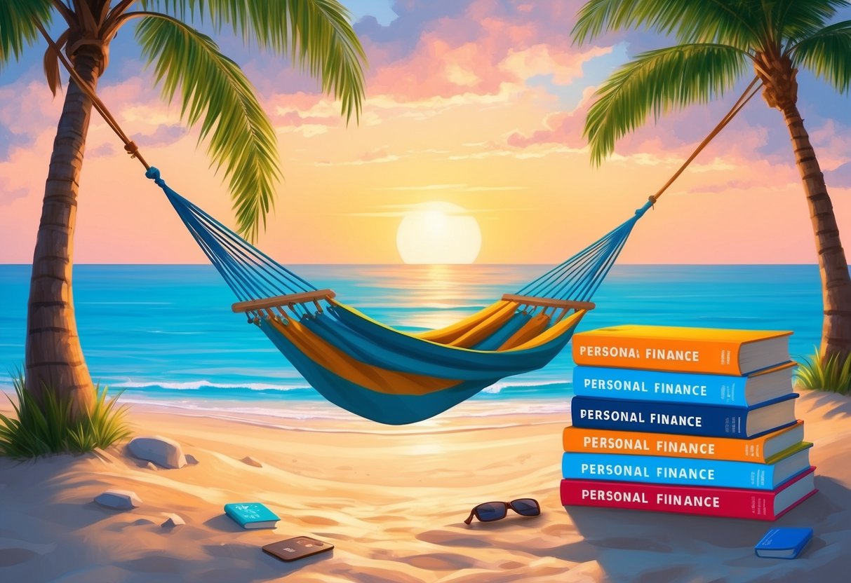 A serene beach with a hammock strung between two palm trees, a stack of books on personal finance, and a sunset casting a warm glow over the scene