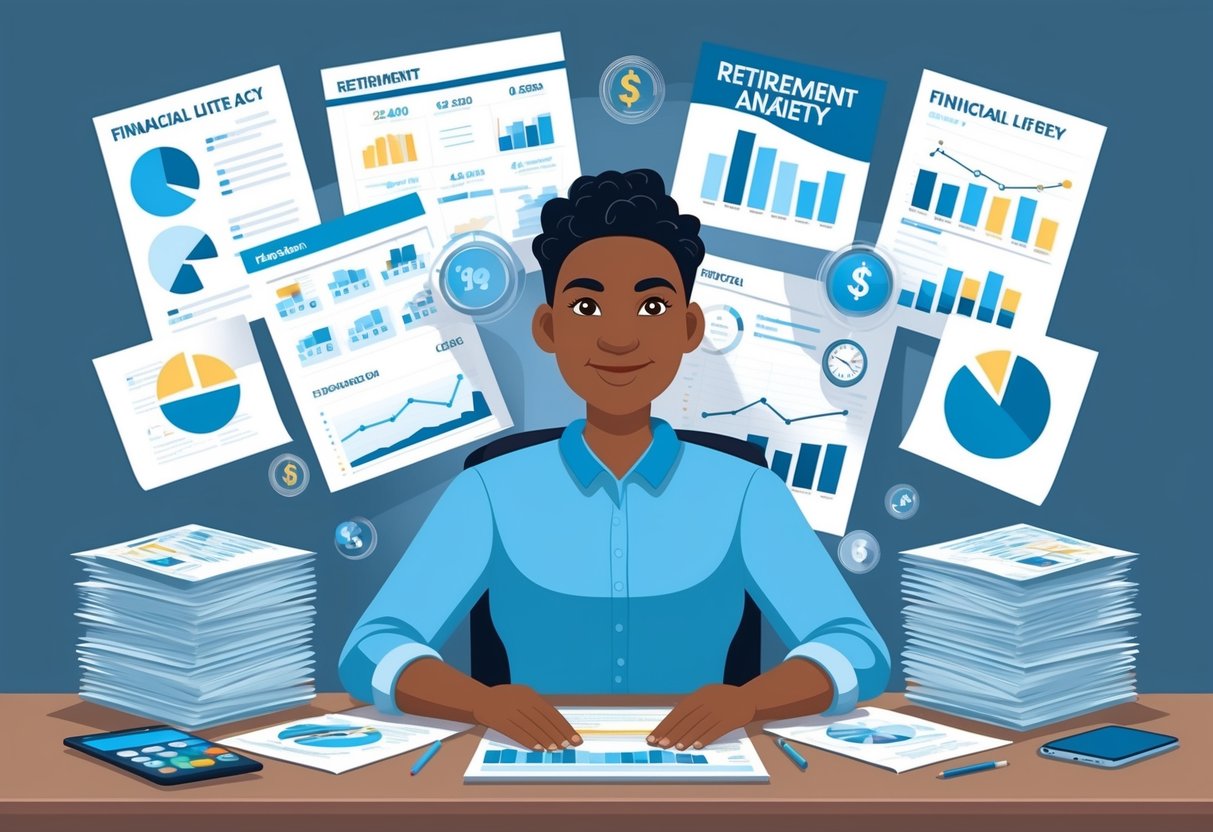 A person sitting at a desk, surrounded by financial documents and charts, with a confident expression, representing the reduction of retirement anxiety through financial literacy