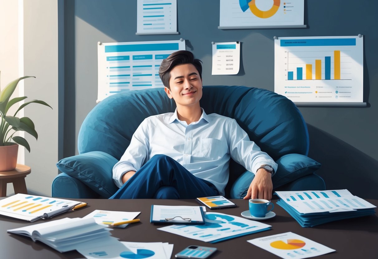 A person sitting comfortably with a relaxed expression, surrounded by financial documents and charts, with a sense of calm and security