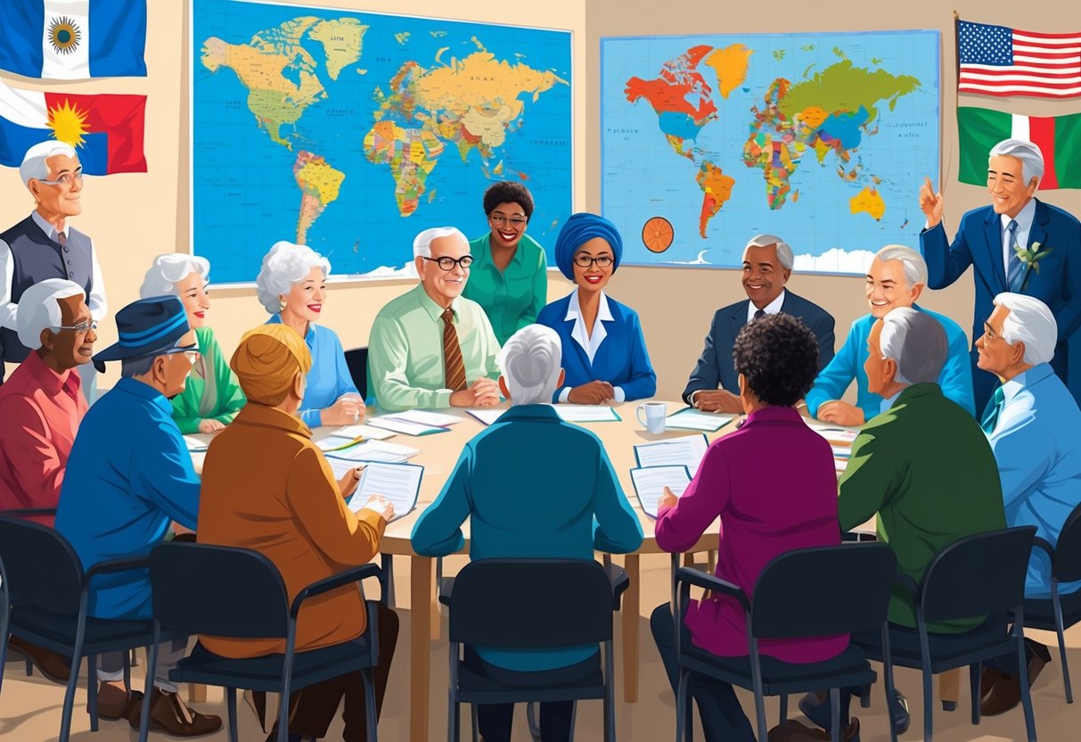 A diverse group of elderly individuals from different cultures gather around a table, engaged in a discussion about retirement planning and financial literacy. Maps and flags from various countries decorate the room