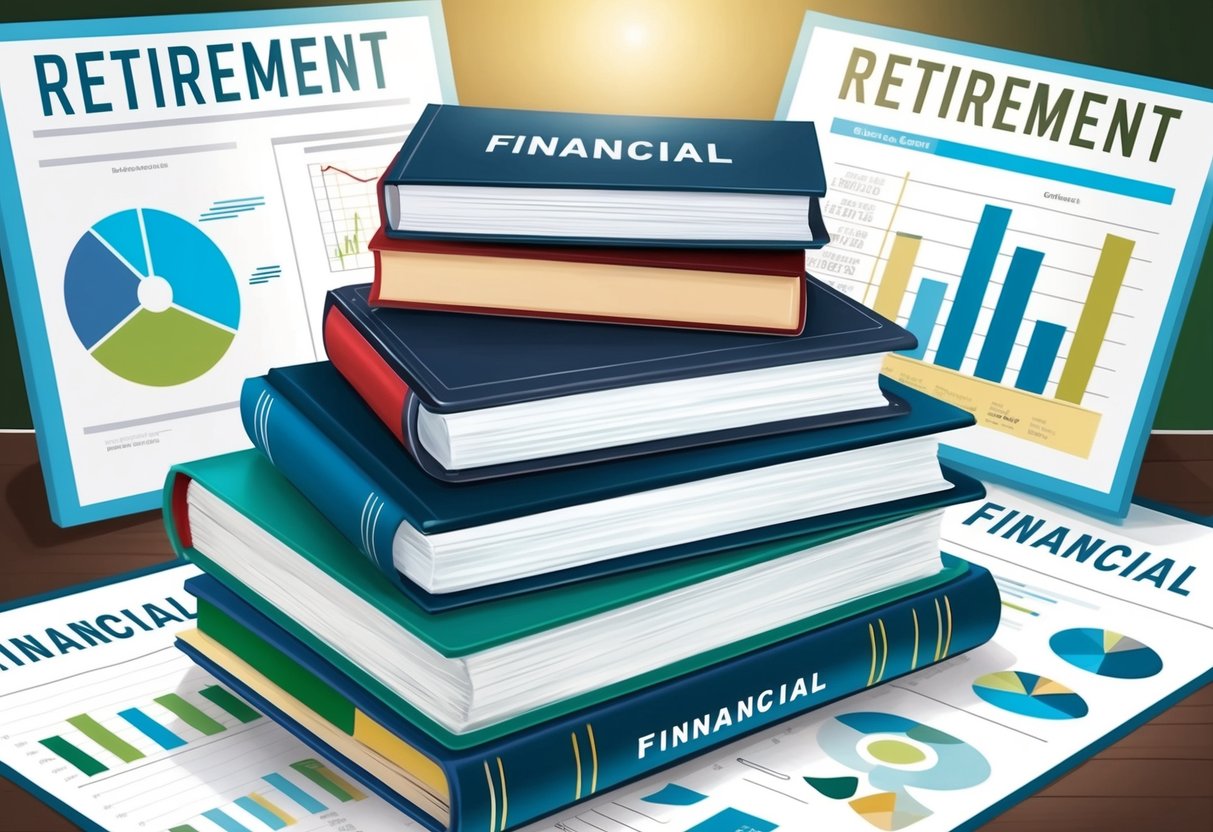 A stack of financial textbooks surrounded by retirement planning charts and graphs