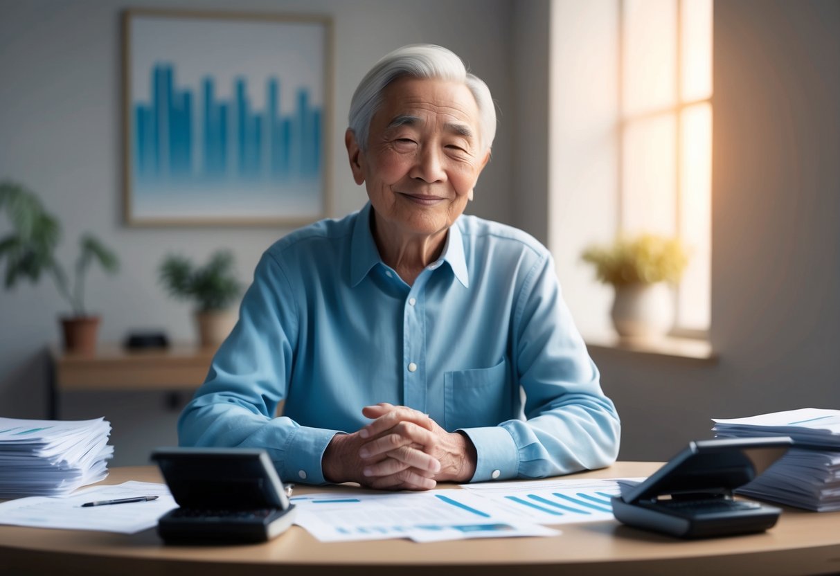 A serene elderly person sitting at a table, surrounded by financial documents and calculators, with a relaxed expression on their face