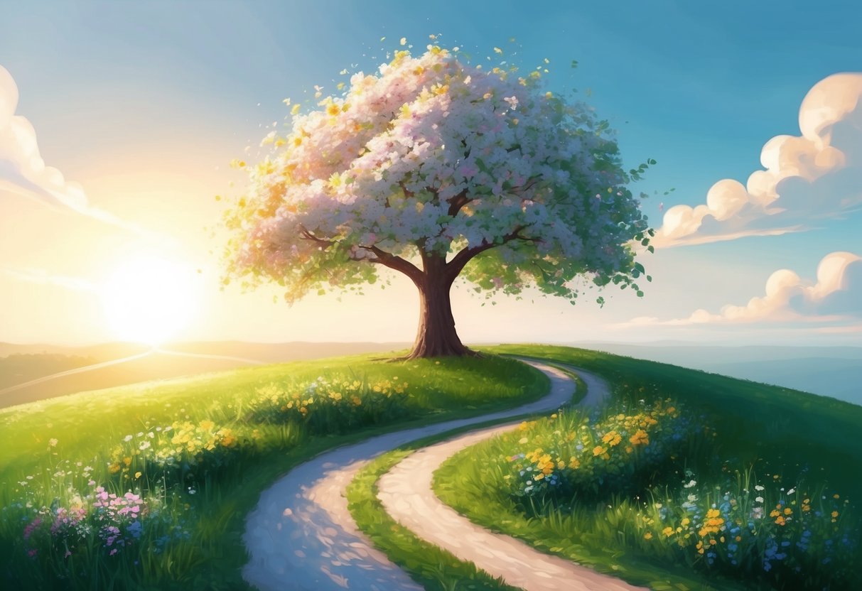 A blooming tree symbolizing growth and change, with a winding path leading towards a bright horizon