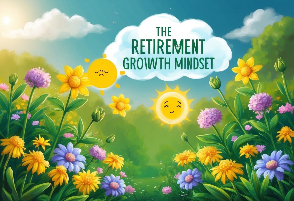 A garden with vibrant flowers and budding plants, symbolizing the growth mindset. A worry cloud transforming into a sunny outlook on retirement