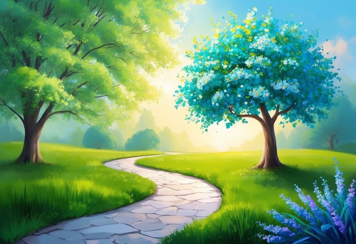 A tranquil garden with a winding path leading to a vibrant and blooming tree, symbolizing growth and renewal in retirement
