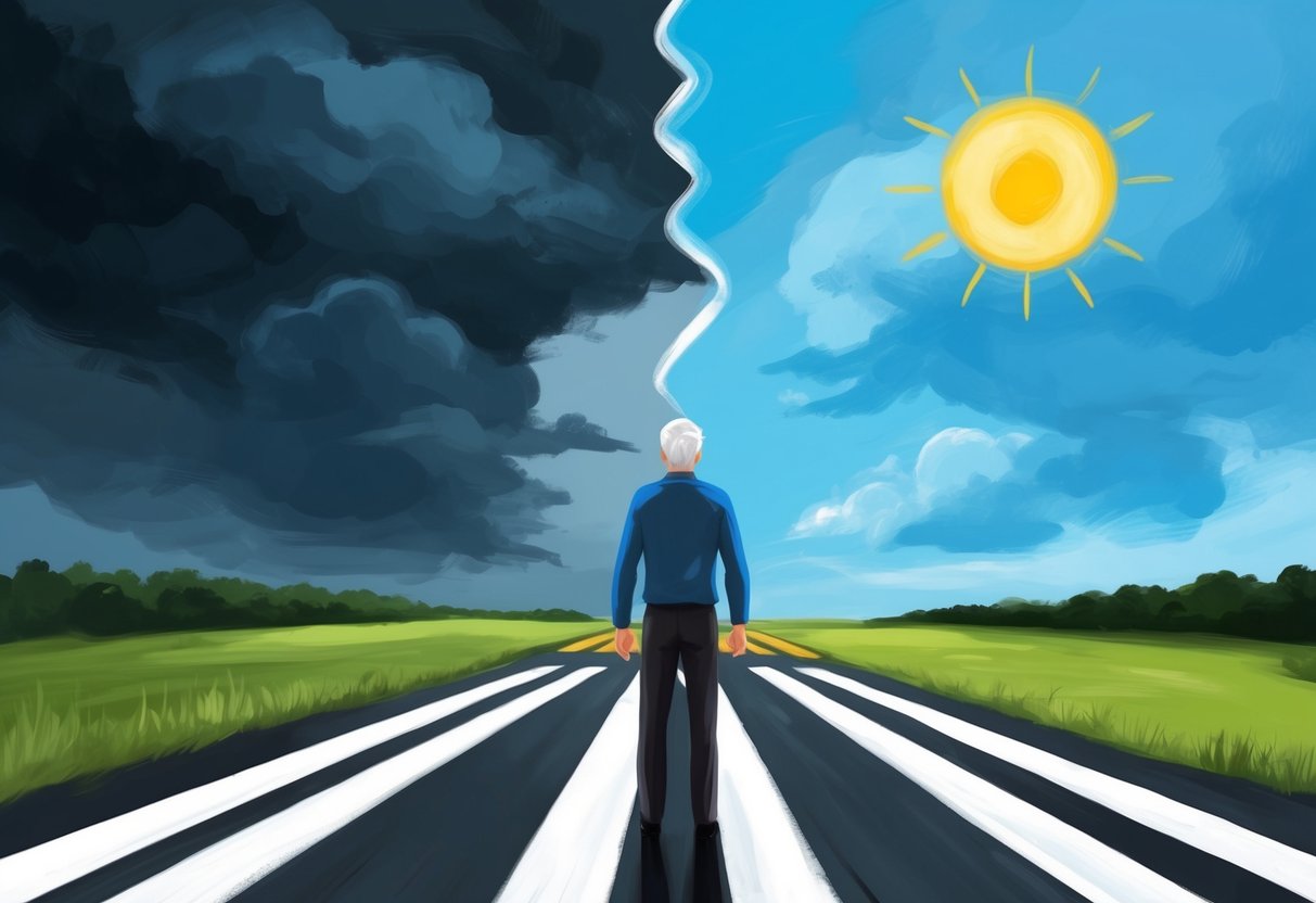 A person standing at a crossroads, with one path leading to a dark and stormy sky, and the other path leading to a bright and sunny sky, symbolizing the choice between a negative or positive mindset towards retirement challenges