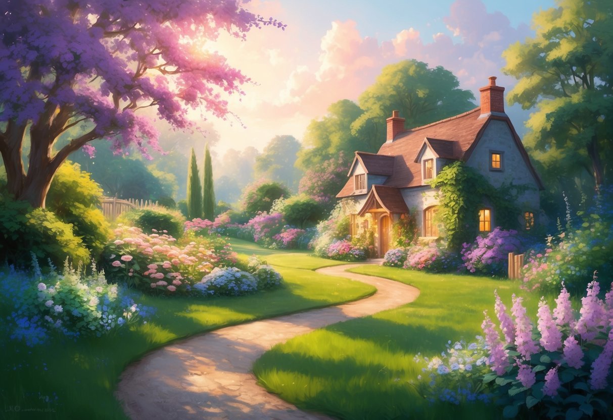 A serene garden with a winding path leading to a cozy, sunlit cottage nestled among blooming flowers and lush greenery