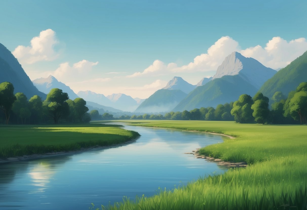 A serene landscape with a calm river flowing through lush green fields, surrounded by tall mountains under a clear blue sky