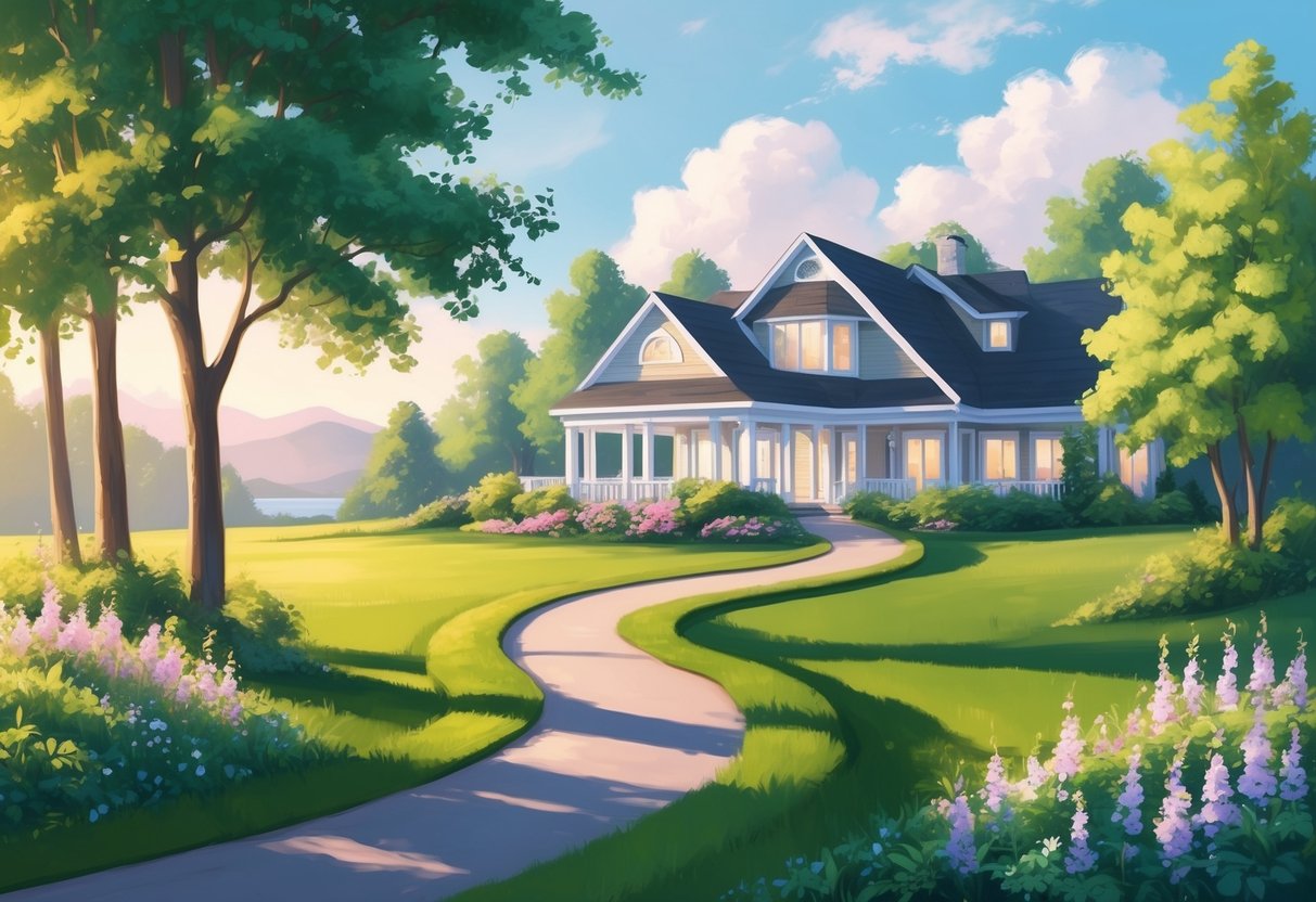 A serene landscape with a winding path leading towards a peaceful retirement home surrounded by lush greenery and blooming flowers, symbolizing financial security and peace of mind