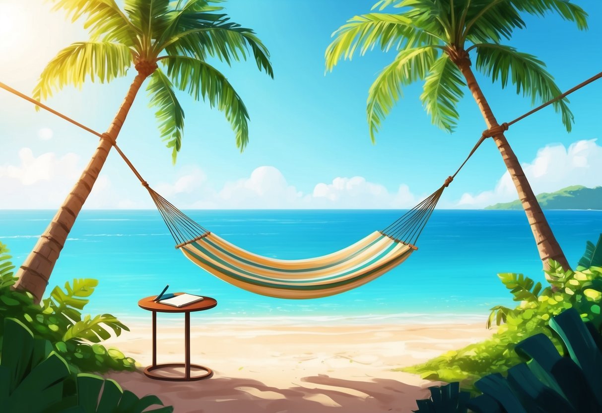 A peaceful, sunny beach with a hammock strung between two palm trees, overlooking a calm, turquoise ocean. A small table holds a notebook and pen, surrounded by lush greenery