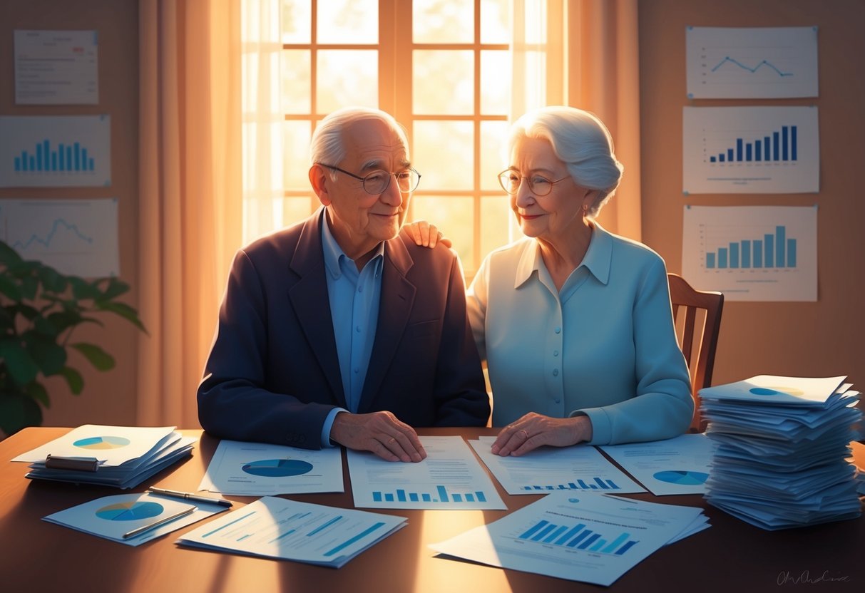 A serene elderly couple sits at a table, surrounded by financial documents and charts. A warm light illuminates the room, creating a sense of calm and security