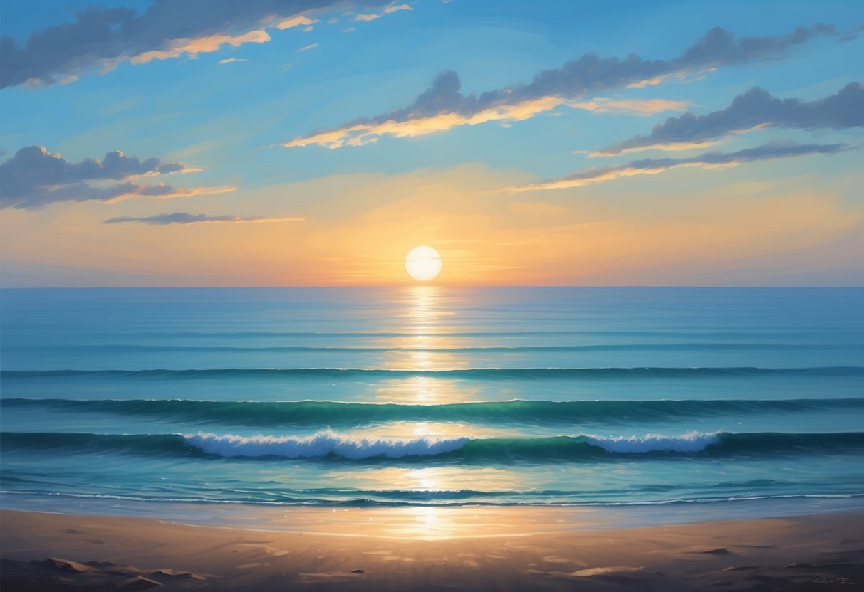 A serene beach at sunset, with a calm ocean and a clear sky, symbolizing peace of mind and financial security