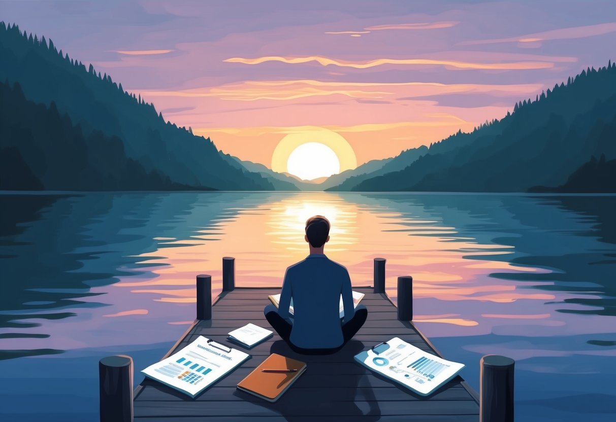 A serene sunset over a tranquil lake, with a lone figure sitting on a dock, surrounded by financial planning documents and a notebook