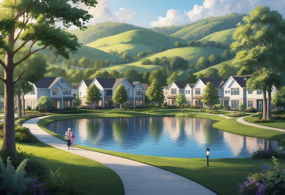 A serene, idyllic retirement community nestled among rolling hills and lush greenery, with modern homes and a peaceful lake surrounded by walking paths