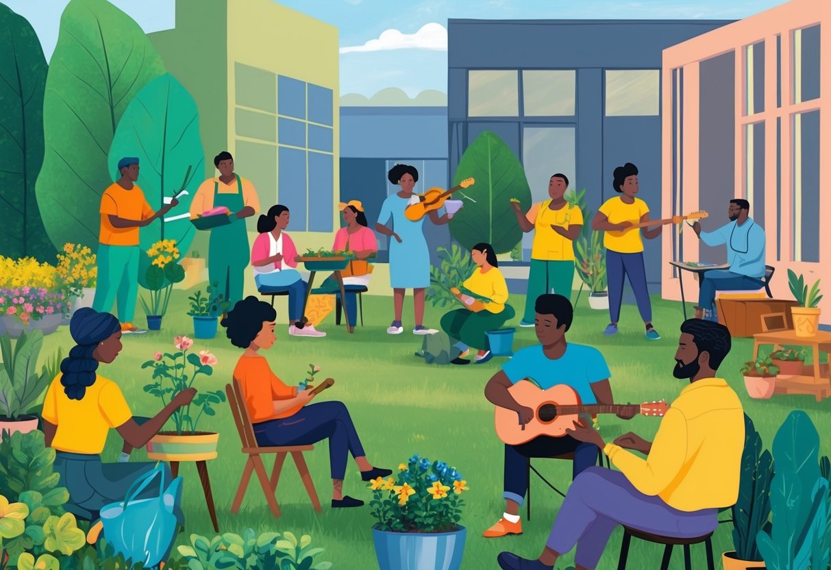 A group of diverse individuals engage in activities such as gardening, painting, and playing music in a peaceful and connected community setting