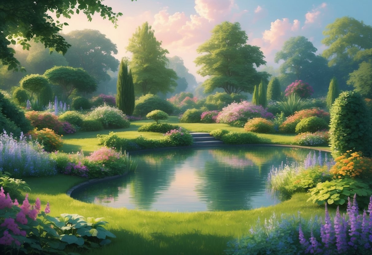 A peaceful garden with a serene pond, surrounded by lush greenery and colorful flowers, evoking a sense of calm and tranquility