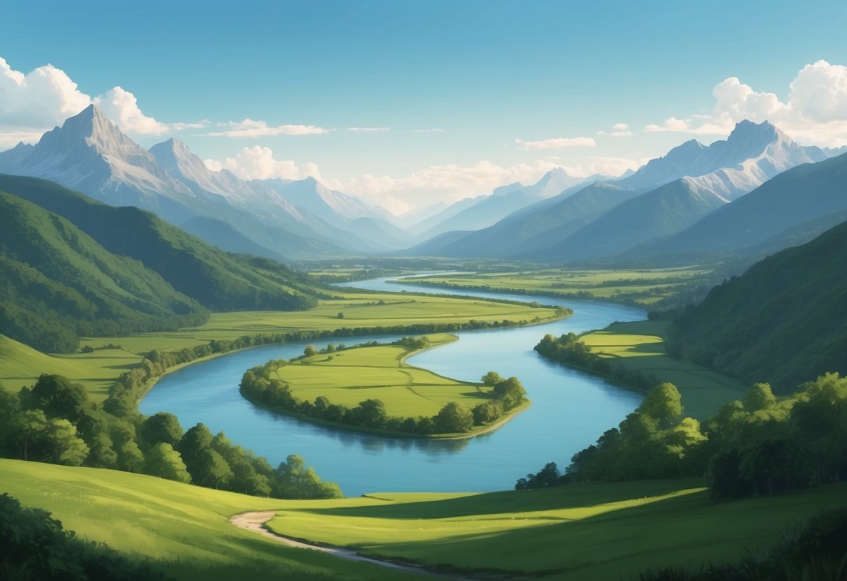 A serene landscape with a calm river winding through a lush green valley, framed by majestic mountains under a clear blue sky