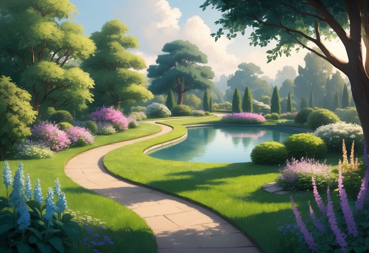 A serene garden with a winding path, blooming flowers, and a tranquil pond surrounded by trees, conveying a sense of peace and calm