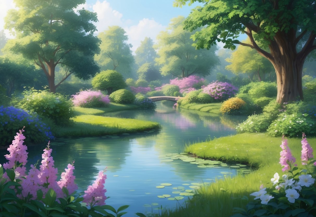 A tranquil garden with a peaceful pond, surrounded by blooming flowers and lush greenery, creating a serene and calming atmosphere