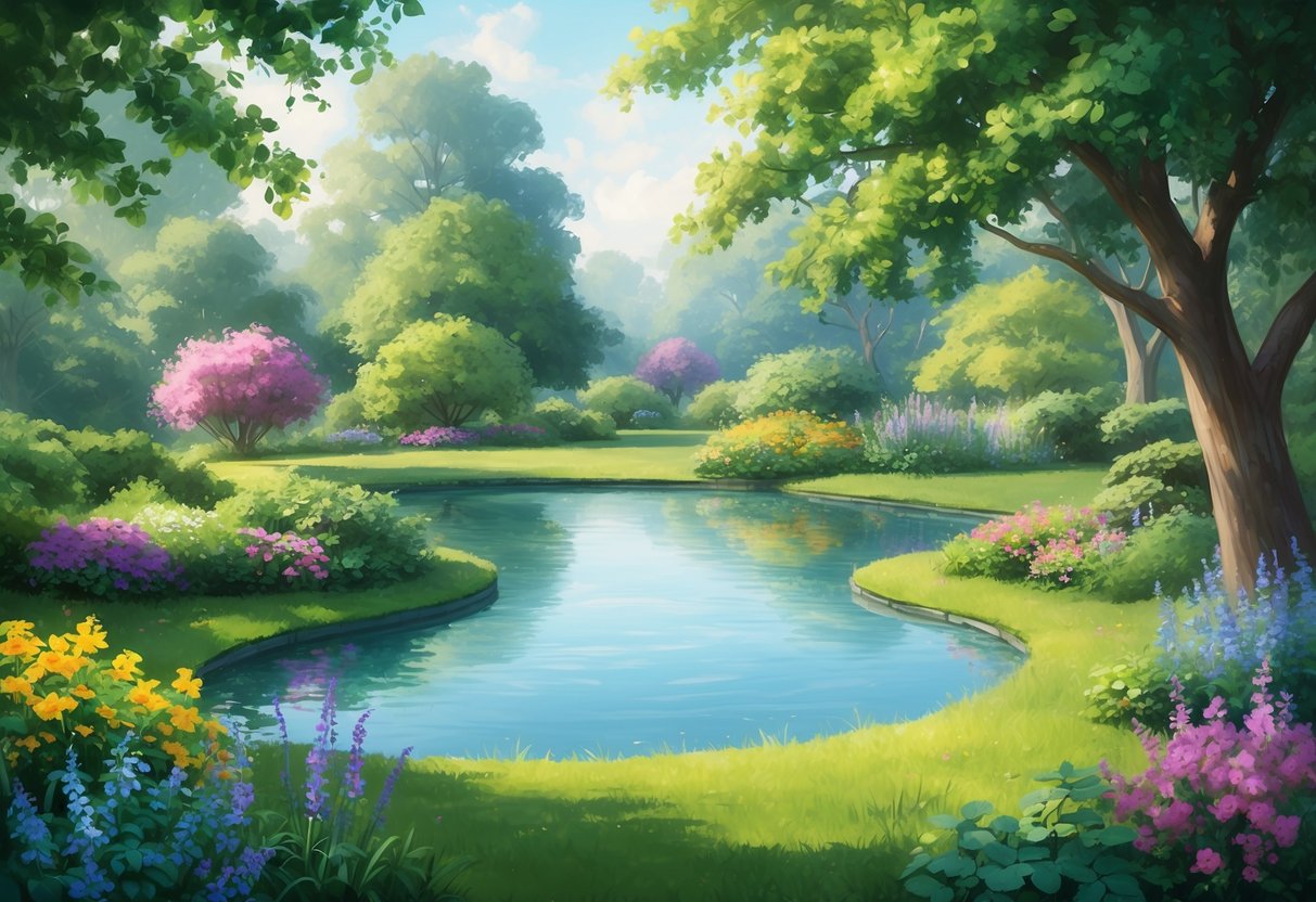 A peaceful garden with a tranquil pond, surrounded by lush greenery and colorful flowers, with a gentle breeze blowing through the trees