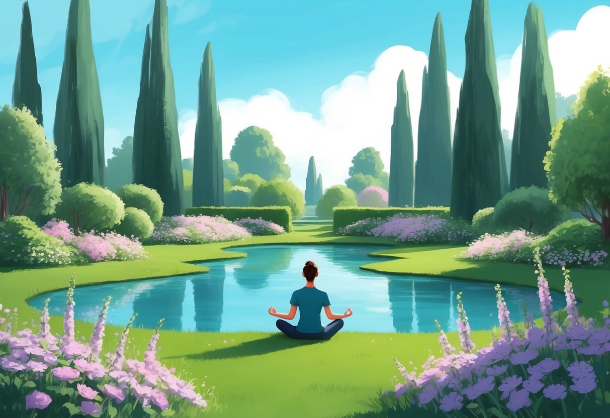A serene garden with a peaceful pond and blooming flowers, surrounded by tall trees and a clear blue sky. A person is sitting quietly, meditating and practicing mindfulness