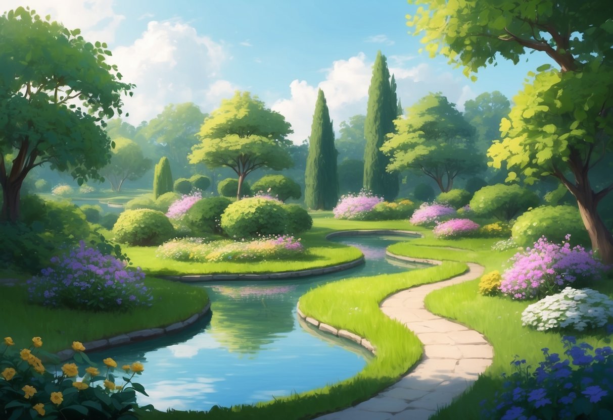 A serene garden with a winding path, blooming flowers, and a tranquil pond surrounded by lush greenery