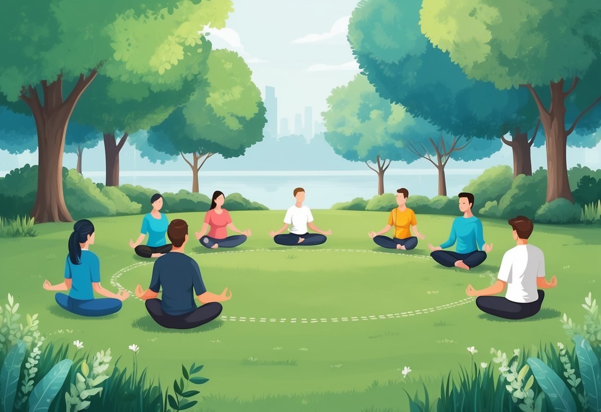 A peaceful park with people practicing mindfulness exercises in a circle, surrounded by nature and calm surroundings