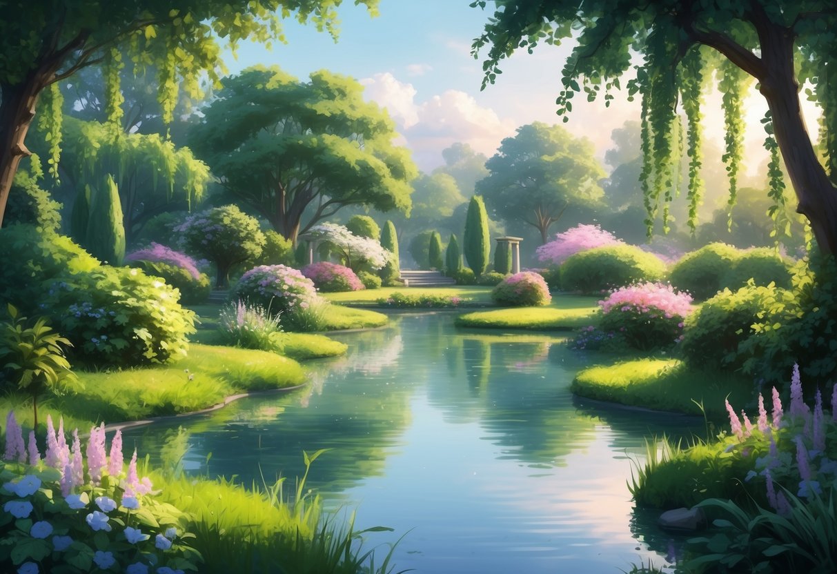 A tranquil garden with a peaceful pond, surrounded by lush greenery and blooming flowers, creating a serene and calming atmosphere