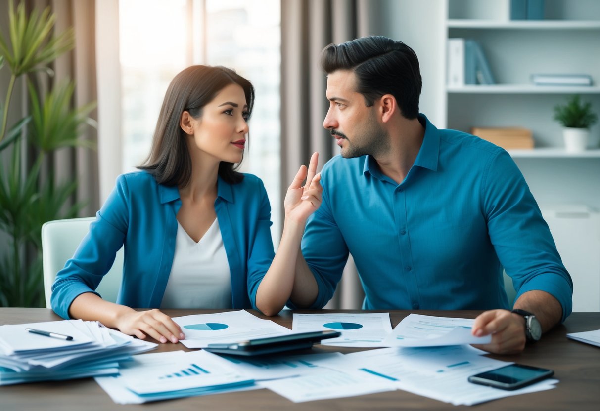 A couple sitting at a table, surrounded by papers and financial documents. They are engaged in a serious conversation, gesturing and looking at each other with concern