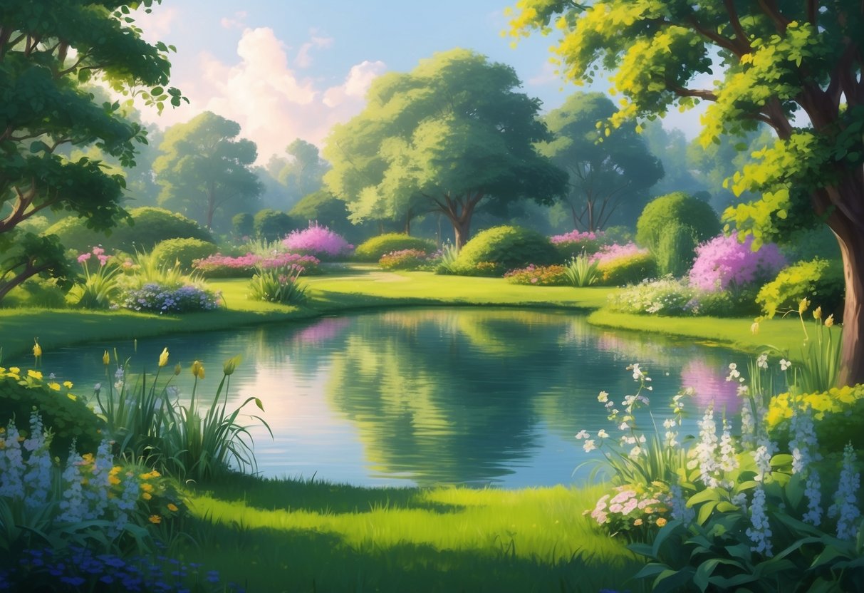 A serene garden with a peaceful pond, surrounded by lush greenery and blooming flowers, providing a sense of calm and tranquility